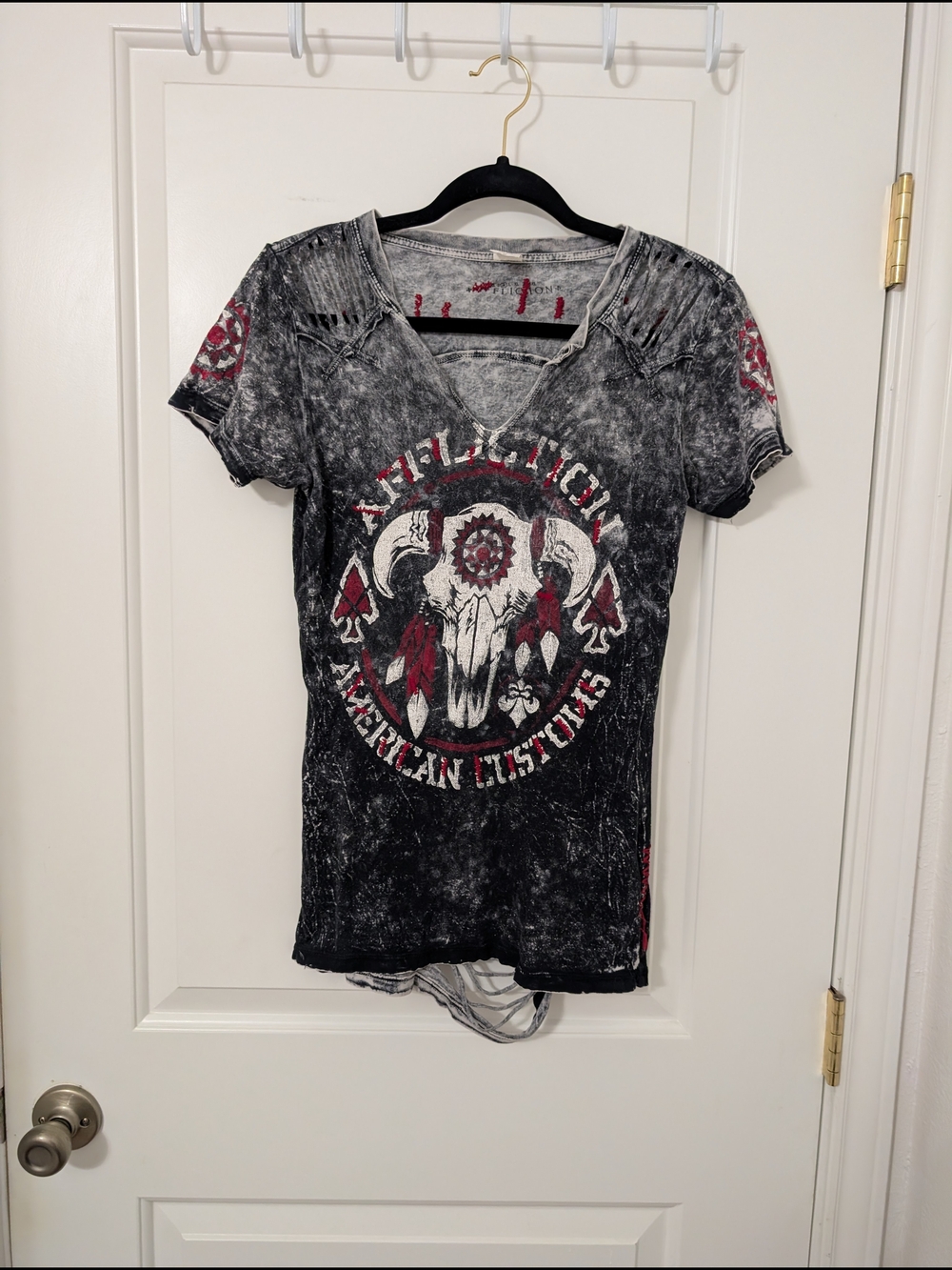 Affliction Black Mineral-Wash Western Skull V-Neck Tee with Cut Out Details